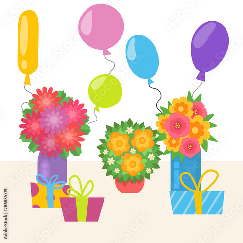 Birthday party with flower bouquets, gifts and ballons vector illustration. C...