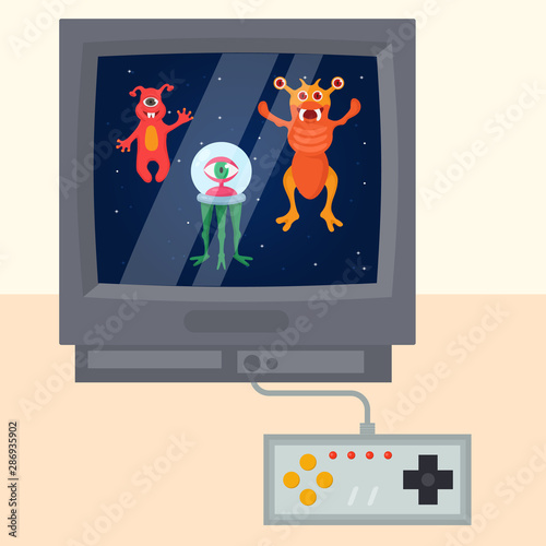 UFO game fantastic characters on television sqreen with game joystick vector illustration. Ufo and alient futuristic persons. Space war and travel universe game kit.