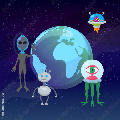 UFO game cartoon aliens with earth planet globe vector illustration. Fantastic ufo and alient futuristic persons and blue planet space war game. Travel universe game.
