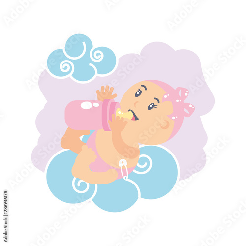cute baby girl with bottle milk and clouds