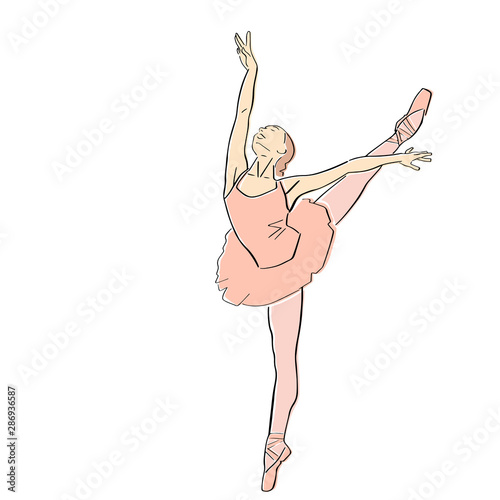 Ballerina in ballet tutu and pointe shoes on her toes. Classical dancer silhouette in elegant pose. Vector flat illustration. Isolated hand drawn black contour and pastel colors.