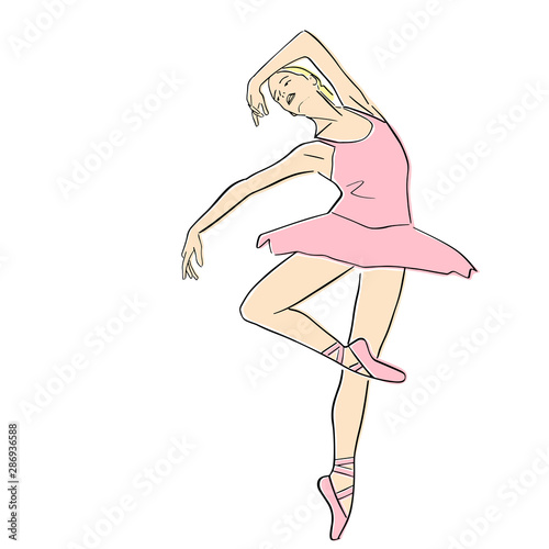 Ballerina in ballet tutu and pointe shoes on her toes. Classical dancer silhouette in elegant pose. Vector flat illustration. Isolated hand drawn black contour and pastel colors.