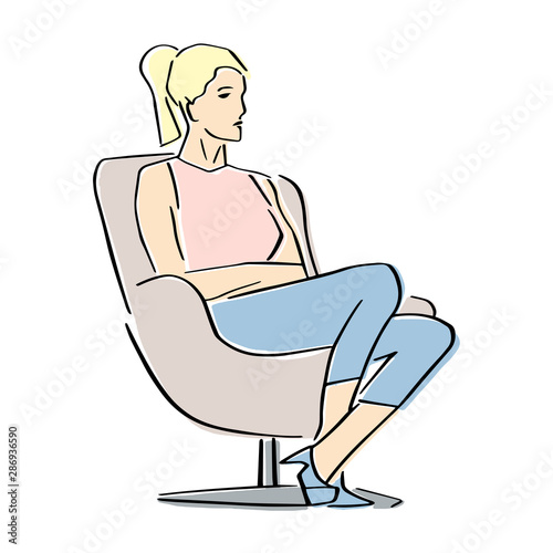 Young woman sitting in armchair in a closed pose. Silhouette of the interviewer, interviewee, correspondent, questioner or TV host.  Vector flat illustration. Isolated hand drawn style.