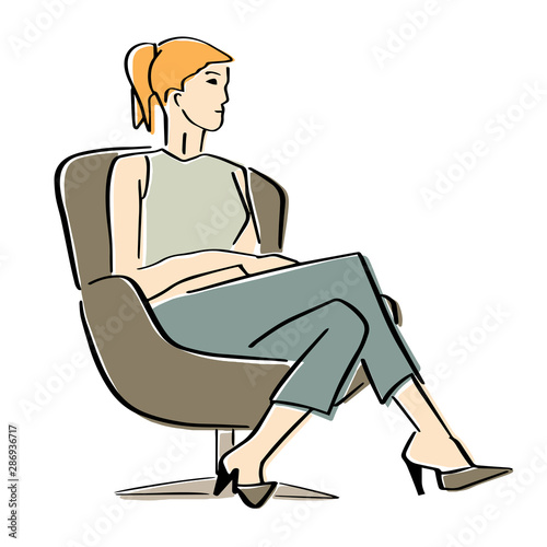 Young woman sitting in armchair in a closed pose. Silhouette of the interviewer, interviewee, correspondent, questioner or TV host.  Vector flat illustration. Isolated hand drawn style.