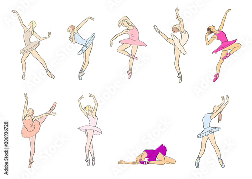 Set of ballerinas in ballet tutu and pointe shoes on toes. Classical dancer silhouette in elegant pose. Vector flat illustration. Isolated hand drawn black contour and colors.