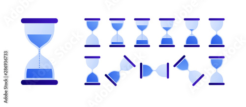 Vector flat hourglass clock animation illustration. Blue gradient sandglass rotating icon set isolated on white background. Design element for app, ui, banner, poster, card