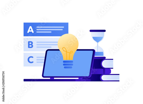 Vector modern flat education exam illustration. Laptop with lamp idea symbol, answer to test checklist. Concept of online university study, college examination Design for poster, flyer, card, banner