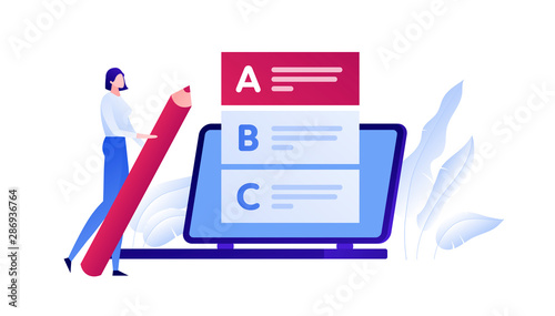 Vector modern flat education exam illustration. Woman with pen choose answer from list on laptop. Concept of online university study, college examination Design element for poster, flyer, card, banner