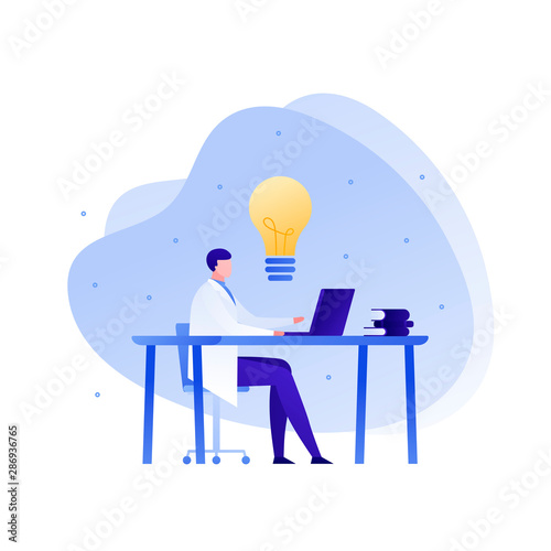 Vector flat doctor scientist person illustration. Male sitting at table with laptop, book and lamp idea symbol. Concept of discovery, genuis researcher. Design element for poster, flyer, card, banner photo
