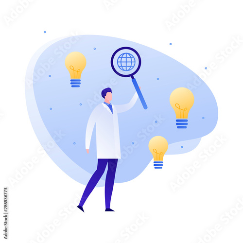 Vector flat doctor scientist person illustration. Male holding magnifier glass and lamp idea symbol. Concept of discovery, genuis researcher. Design element for poster, flyer, card, banner