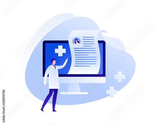 Vector flat online medicine illustration. Doctor with computer screen with prescription and pills symbols. Concept of pharmacy drugstore, diagnosis, hospital. Design for poster, flyer, card, banner