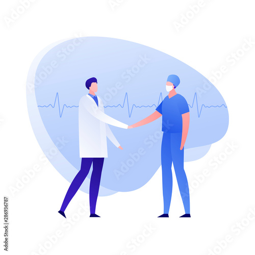 Vector flat doctor team person illustration. Therapist and surgeon handshake on heartbeat shape background. Concept of cooperation, conference. Design element for poster, flyer, card, banner