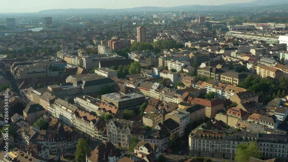 summer day sunset time flight over basel city aerial panorama 4k switzerland summer day sunset time flight over basel city aerial panorama 4k switzerland