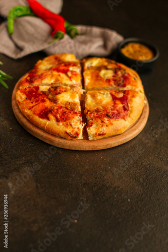 pizza, tomato sauce, cheese (pizza ingredients). hot pizza. Top view. copy space