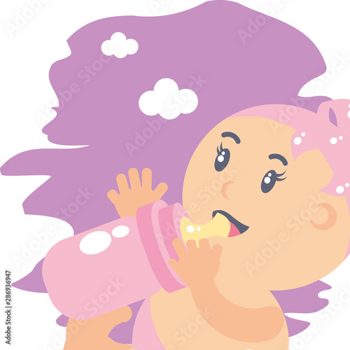 cute baby girl with bottle milk avatar character