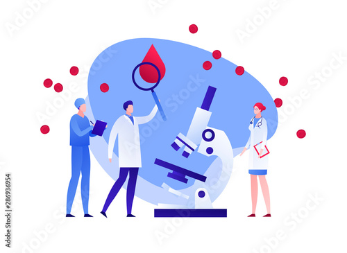 Vector flat blood laboratory character illustration. Medic team with magnifier and microscope study blood drop cell. Concept of dna, hiv diagnosis. Design element for poster, flyer, card, banner, ui