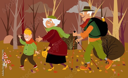 Senior couple with their grandson in the forest in fall mushroom picking, EPS 8 vector illustration