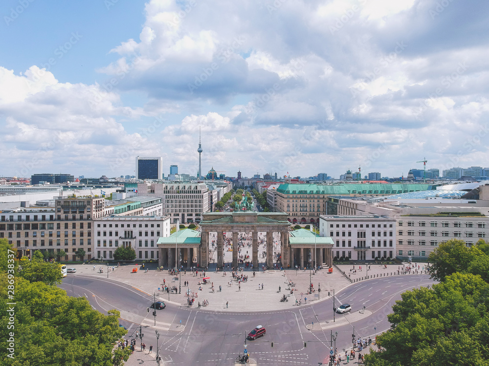 Aerial cityscape over Brandenburg Gate and Berlin skyline, Germany