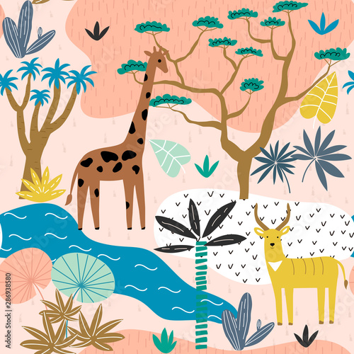 Seamless pattern with giraffe, antelope and tropical landscape. Creative jungle childish texture. Great for fabric, textile. Vector Illustration.
