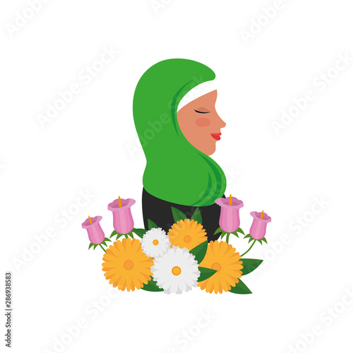profile of islamic woman with traditional burka and garden flowers