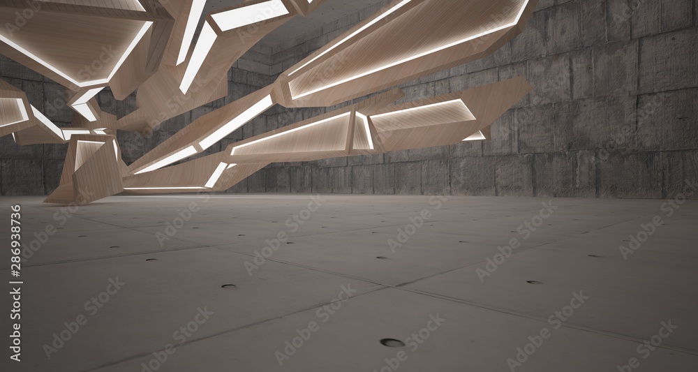 Abstract  concrete and wood interior  with neon lighting. 3D illustration and rendering.