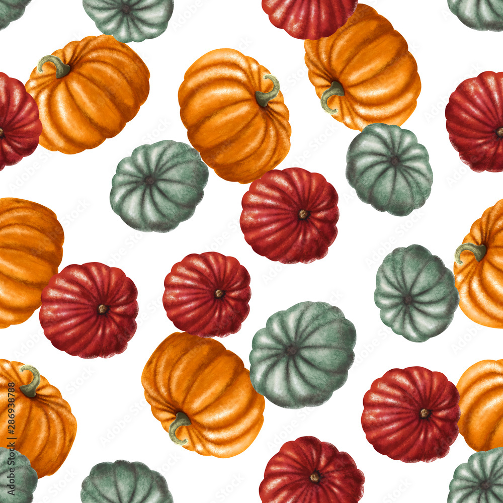 Seamless pattern with bright multi-colored pumpkins on white background. Bright autumn background. Perfect for your design