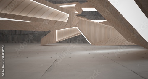 Abstract  concrete and wood interior  with neon lighting. 3D illustration and rendering.