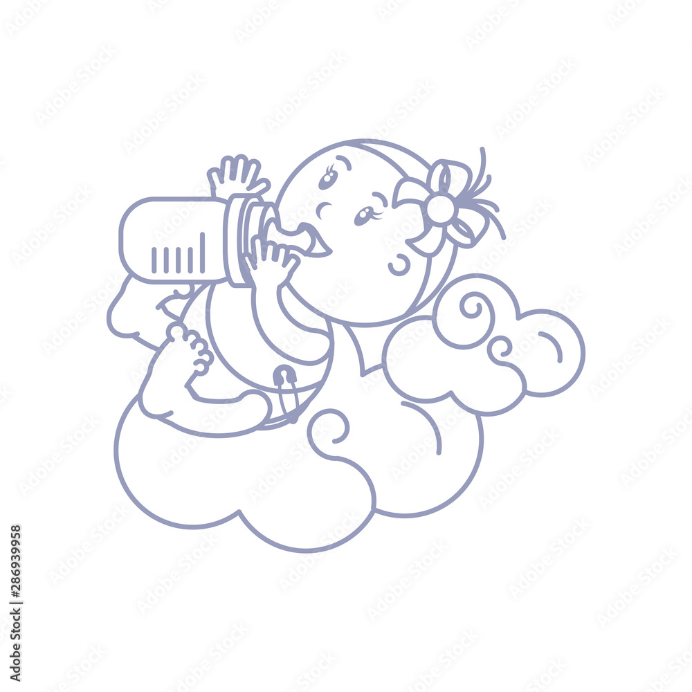 cute baby girl with bottle milk and cloud cute baby girl with bottle milk and cloud