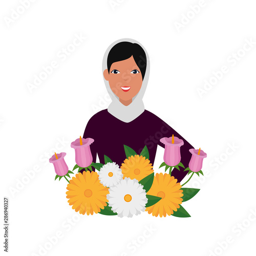 islamic woman with traditional burka and garden flowers