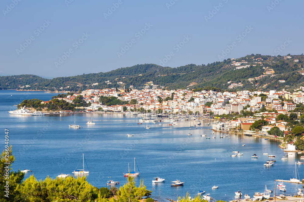 Skiathos island Greece port harbor city overview town landscape Mediterranean Sea Aegean travel
