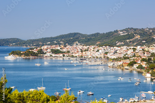 Skiathos island Greece port harbor city overview town landscape Mediterranean Sea Aegean travel
