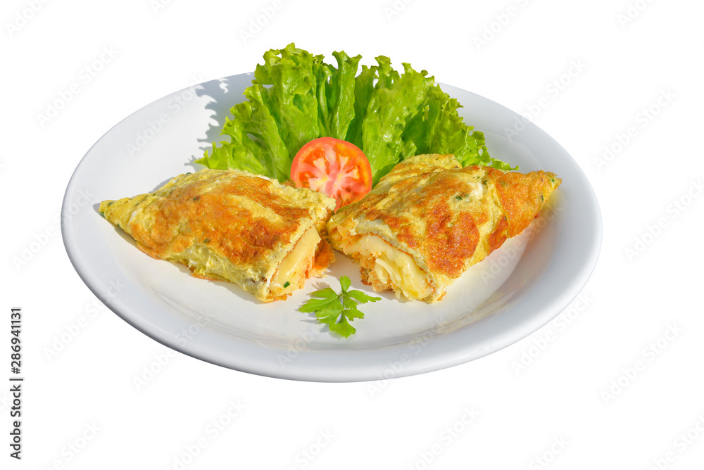 Omelet stuffed with melted cheese and salad