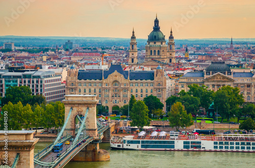 Famous Chain bridge and Saint Stephen Basilica in Budapest, Hungary © Olena Zn