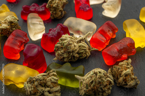 Cannabis edibles, medical marijuana, CBD infused gummies and edible pot concept theme with close up on colorful gummy bears and weed buds on dark background photo