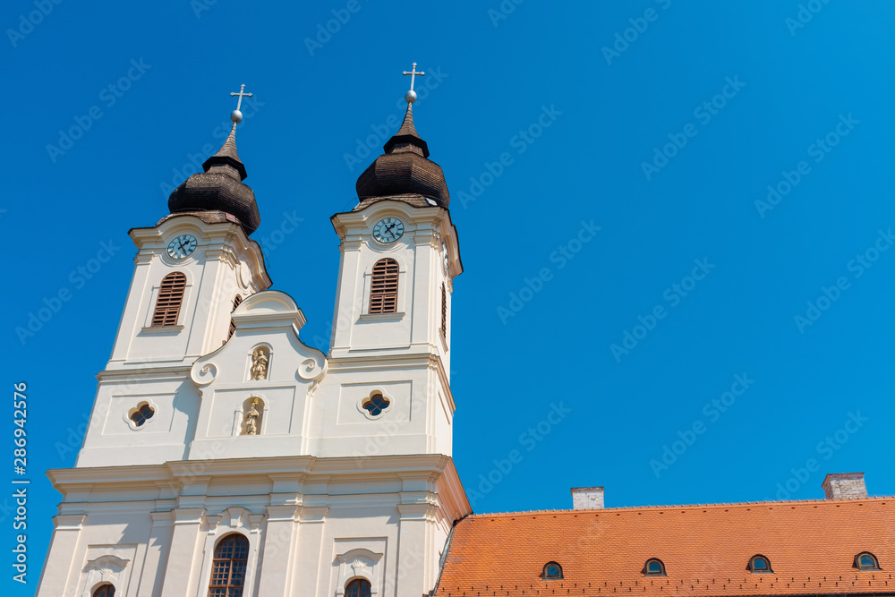 Detail of Tihany Abbey with the towers at lake Balaton in Hungary