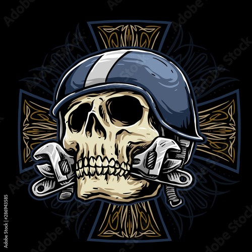 skull biker with hand lettering and pin striping independent design