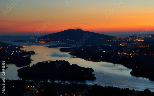 Vila Nova de Cerveira, top of the mountain view over Minho River and Caminha at sunset, Portugal.