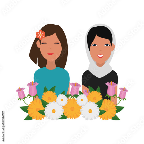 islamic women group with traditional burka and floral decoration