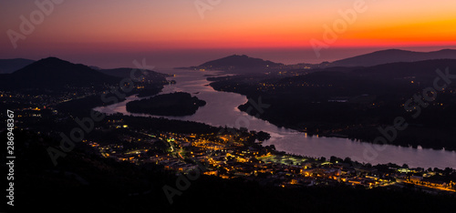 Vila Nova de Cerveira, top of the mountain view over Minho River and Caminha at sunset, Portugal. photo