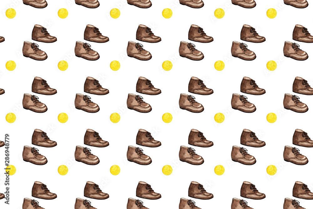Seamless pattern Modern fashion boy kids gentlemen s shoes. Isolated with inscription, hand painted watercolor illustration on white background. Luxury children man brown leather shoe collection. Seamless pattern Modern fashion boy kids gentlemen s shoes. Isolated with inscription, hand painted watercolor illustration on white background. Luxury children man brown leather shoe collection.