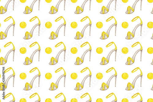 Seamless pattern yellow fashion women s shoes on the high heels. Painted hand-drawn watercolor Illustration isolated on a white background. Smart luxury lady shoe collection.