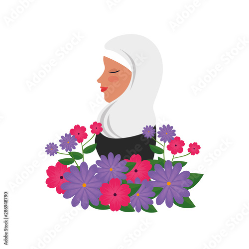 profile of islamic woman with traditional burka and garden flowers