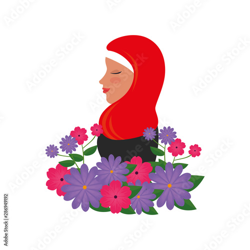 profile of islamic woman with traditional burka and garden flowers