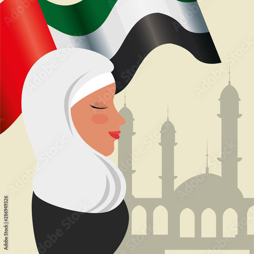 profile of islamic woman with traditional burka and arabia flag in mosque