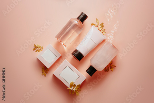 Shower gel, solid soap, bath salt , hand cream and body lotion with golden leaves decor on coral living color background. Beauty eco-friendly skincare modern concept flat lay. Bottles for mock up © Karyna