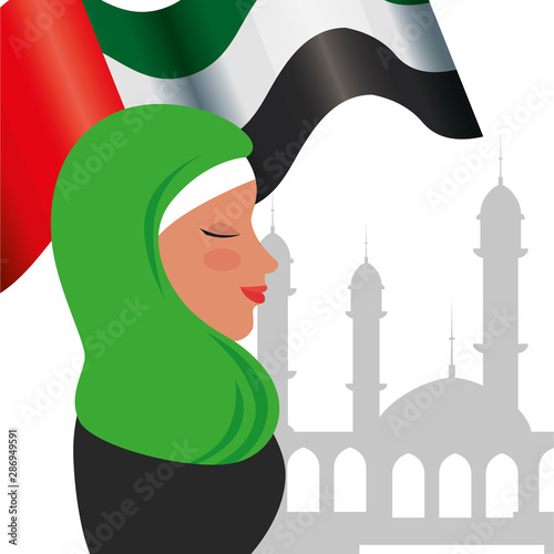 profile of islamic woman with traditional burka and arabia flag in mosque