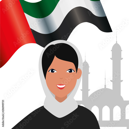 islamic woman with traditional burka and arab flag in mosque