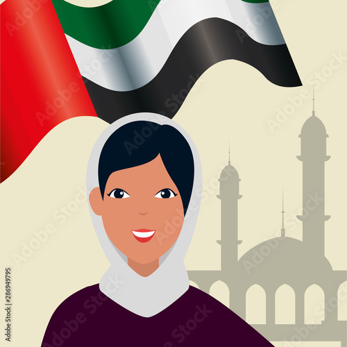 islamic woman with traditional burka and arab flag in mosque