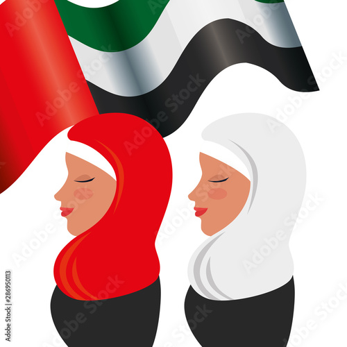 islamic women group with traditional burka and emirates arab flag