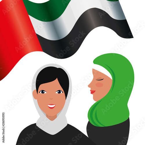 islamic women group with traditional burka and emirates arab flag